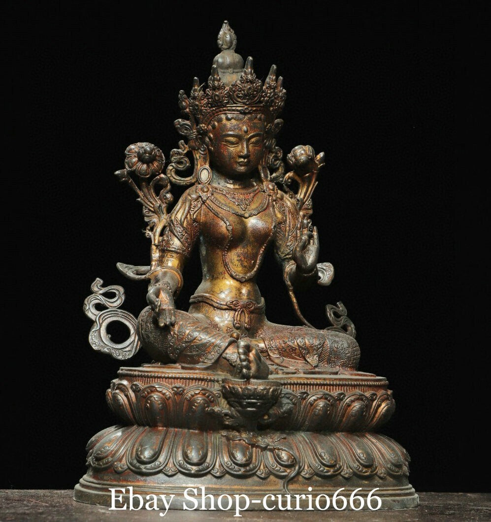 8'' Old Tibet Pure Bronze Gilt Green Tara Mahayana Enlightenment Goddess Buddha