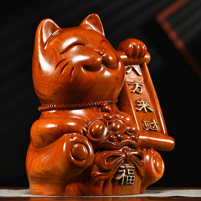 6" Chinese Rosewood Carved Maneki Neko Statue Lucky Cat Feng Shui Decor