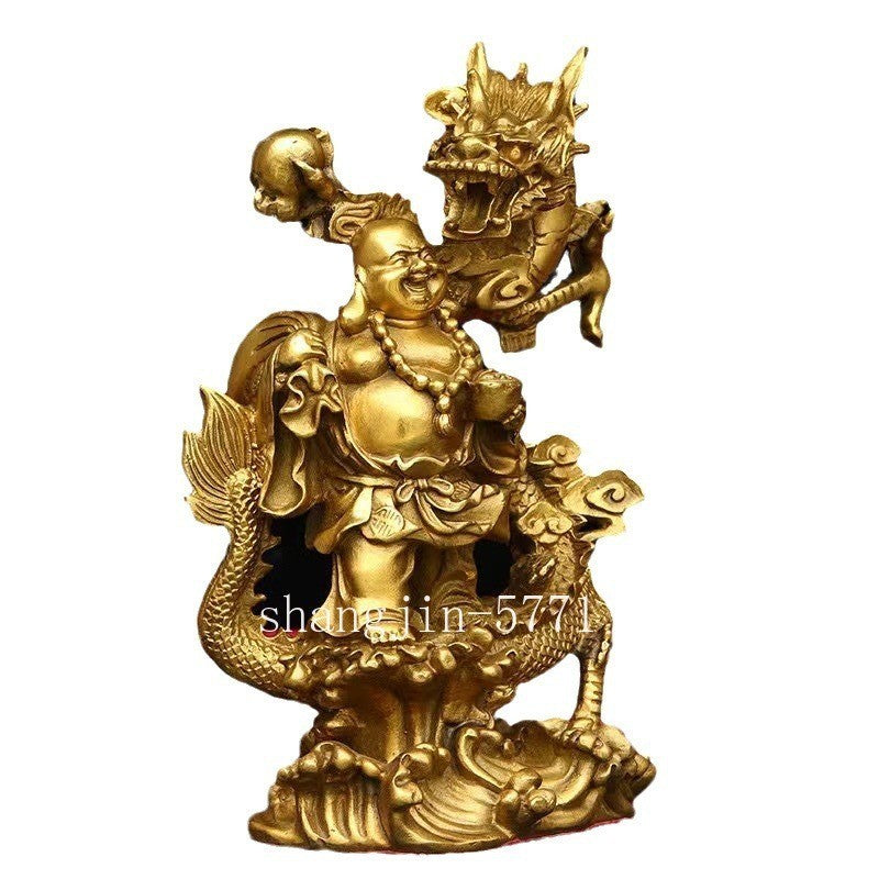 9.8" Chinese Buddhism Brass Lucky 12 Zodiac Animal Dragon Maitreya Buddha Statue