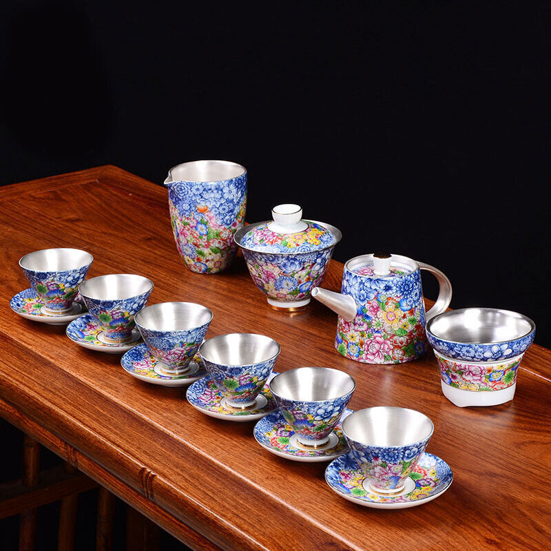 Vintage Sterling Silver Teapot 999 Sterling Tea Set Pots Gaiwan Tea Cup Saucer