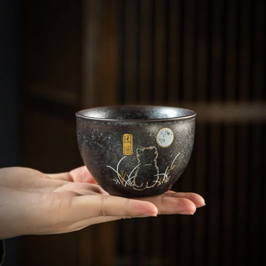 Lovely Cat Black Ceramic Tea Cup Asia Tea Cup for Tea Lover 140ml