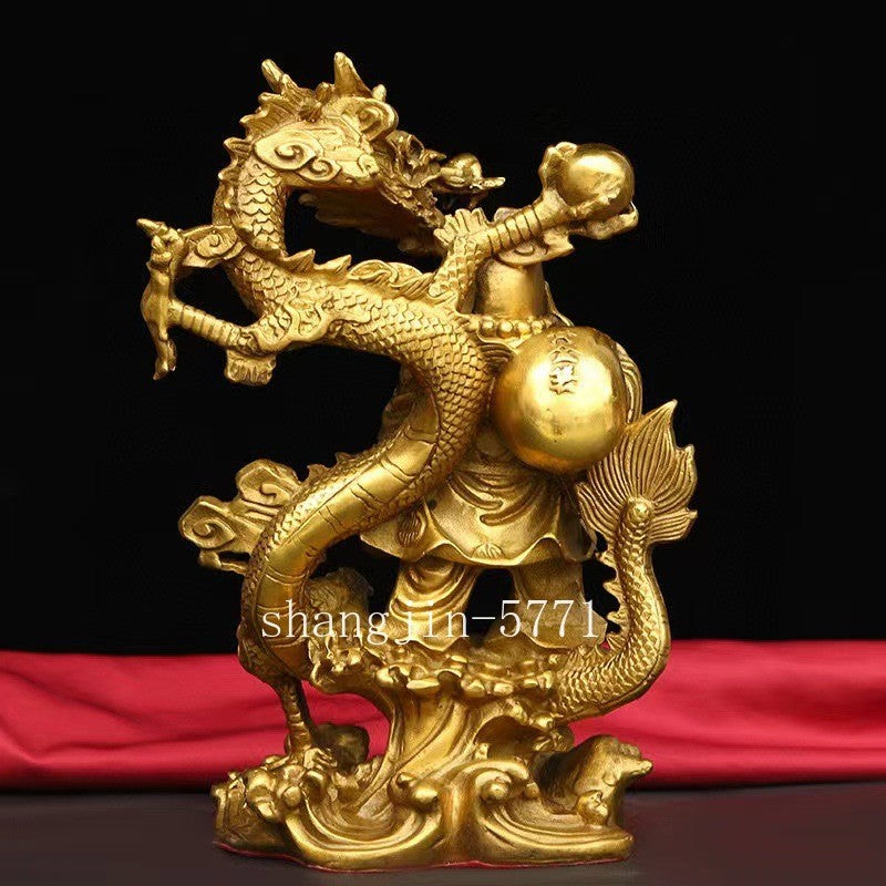 9.8" Chinese Buddhism Brass Lucky 12 Zodiac Animal Dragon Maitreya Buddha Statue