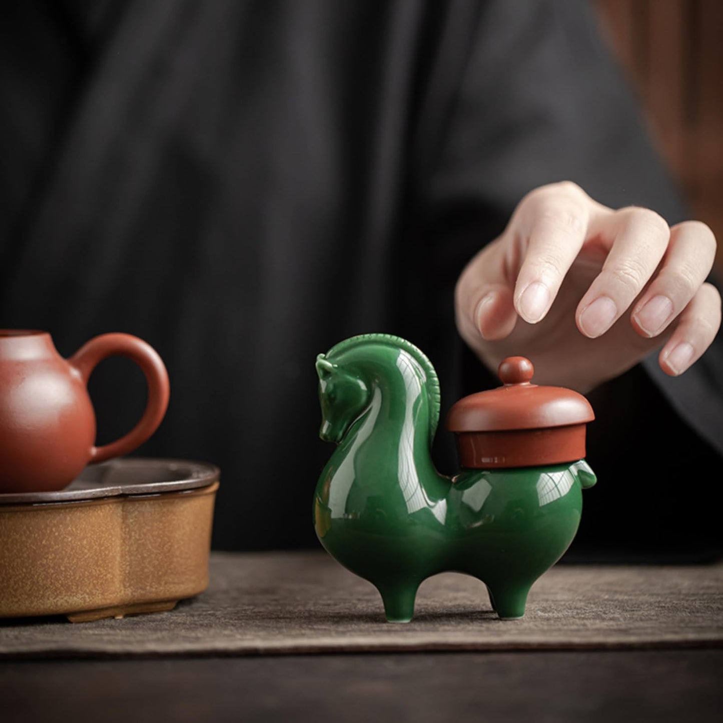 Ceramic Green Horse Tea Pet 9.5cm 3.7in Teapot Cover Holder Decorative Tea Play