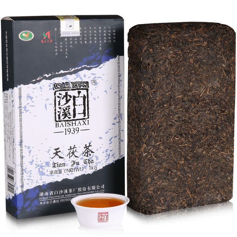 TIAN FU CHA Anhua Baishaxi 1939 Dark Tea Black Tea Gold Flower Tea Brick 1kg