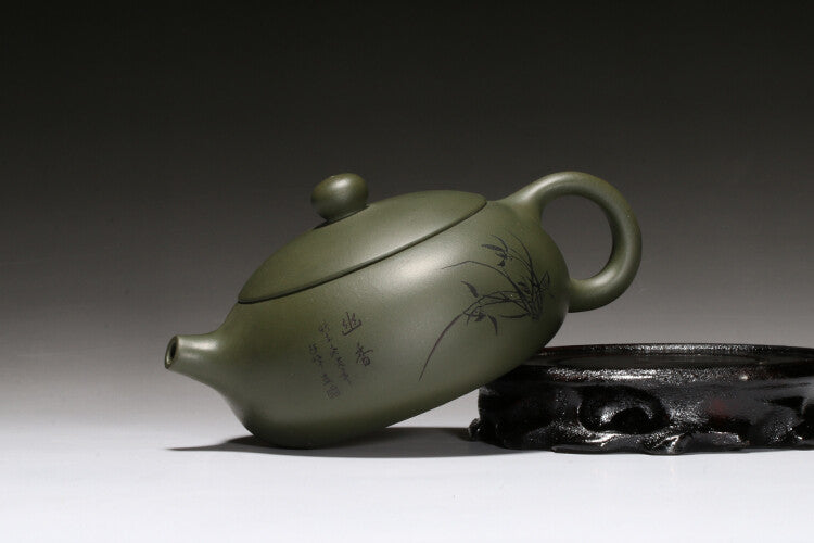 China Yixing Zisha Clay Green Pottery Handmade Flower Teakettle Teapot Tea Pot