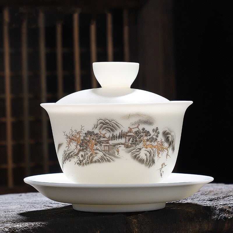 Jade Porcelain Gaiwan Hand Drawing Boutique Tureen Cup Saucer Lid Sancai Bowl