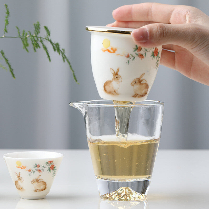 On Sales Travelling Teaset Glass Pitcher Porcelain Infuser Cup Fish Rabbit Print