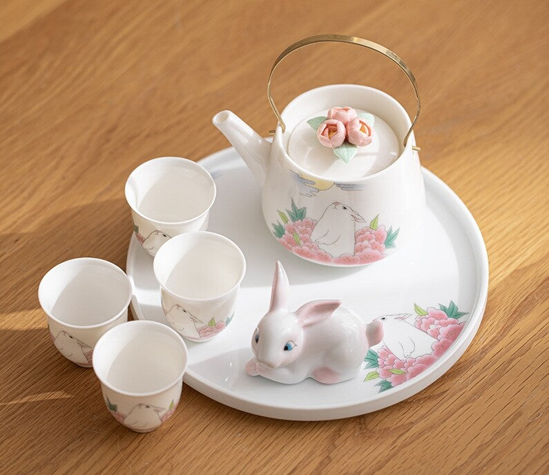 Chinese Complete Tea Set Porcelain Tea Pot With Handle Tea Cup Serving Tray New