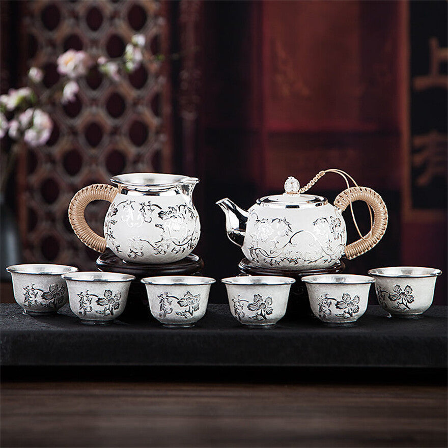 Sterling Silver Tea Set Stove Kettle Tea Pot Tea Cups Pure 999 Silver Snowflake