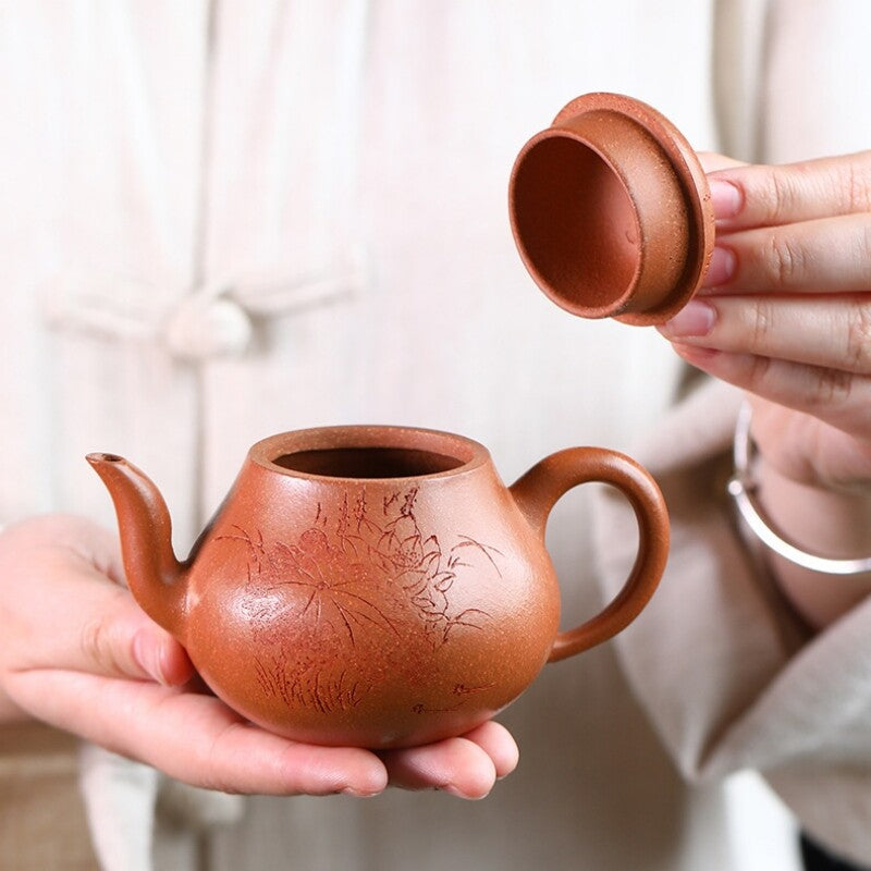 170ml Handmade Tea Pot Marked Traditional Lotus Flower Carved Jiangpo Clay Pot
