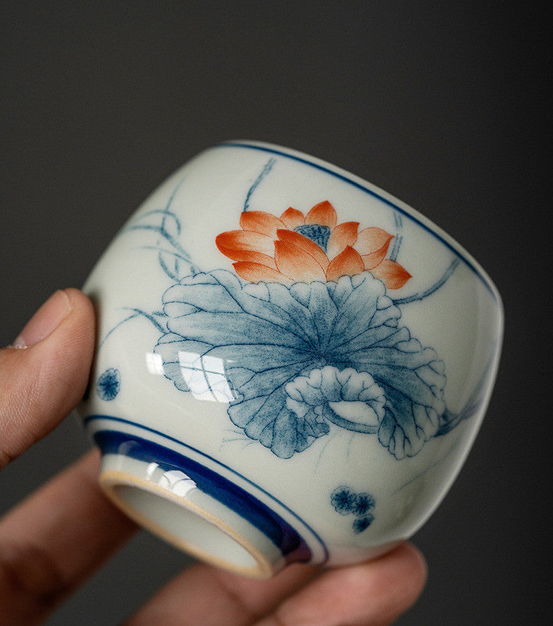 Antique Chinese Lotus Vintage Tea Cup Ceramic Cask Cup Teacup Teaware