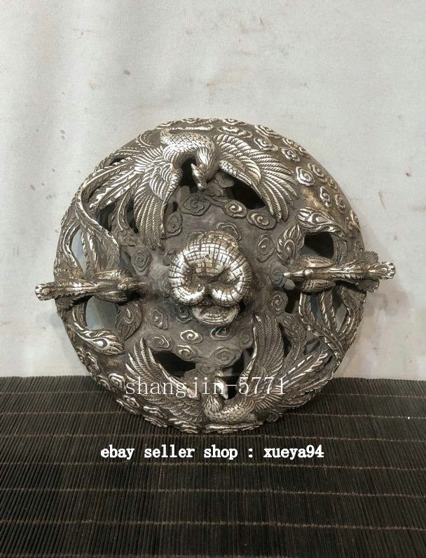 9" Old Chinese Dynasty Bronze Silver Dragon Phoenix Beast Incense Burner Censer