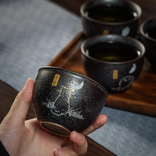Lovely Cat Black Ceramic Tea Cup Asia Tea Cup for Tea Lover 140ml