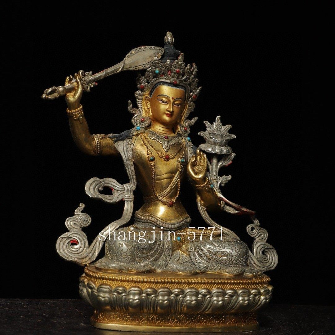 12.2"Xizang Buddhism Temple Bronze Hold Sword Manjushri Tara Buddha Statue