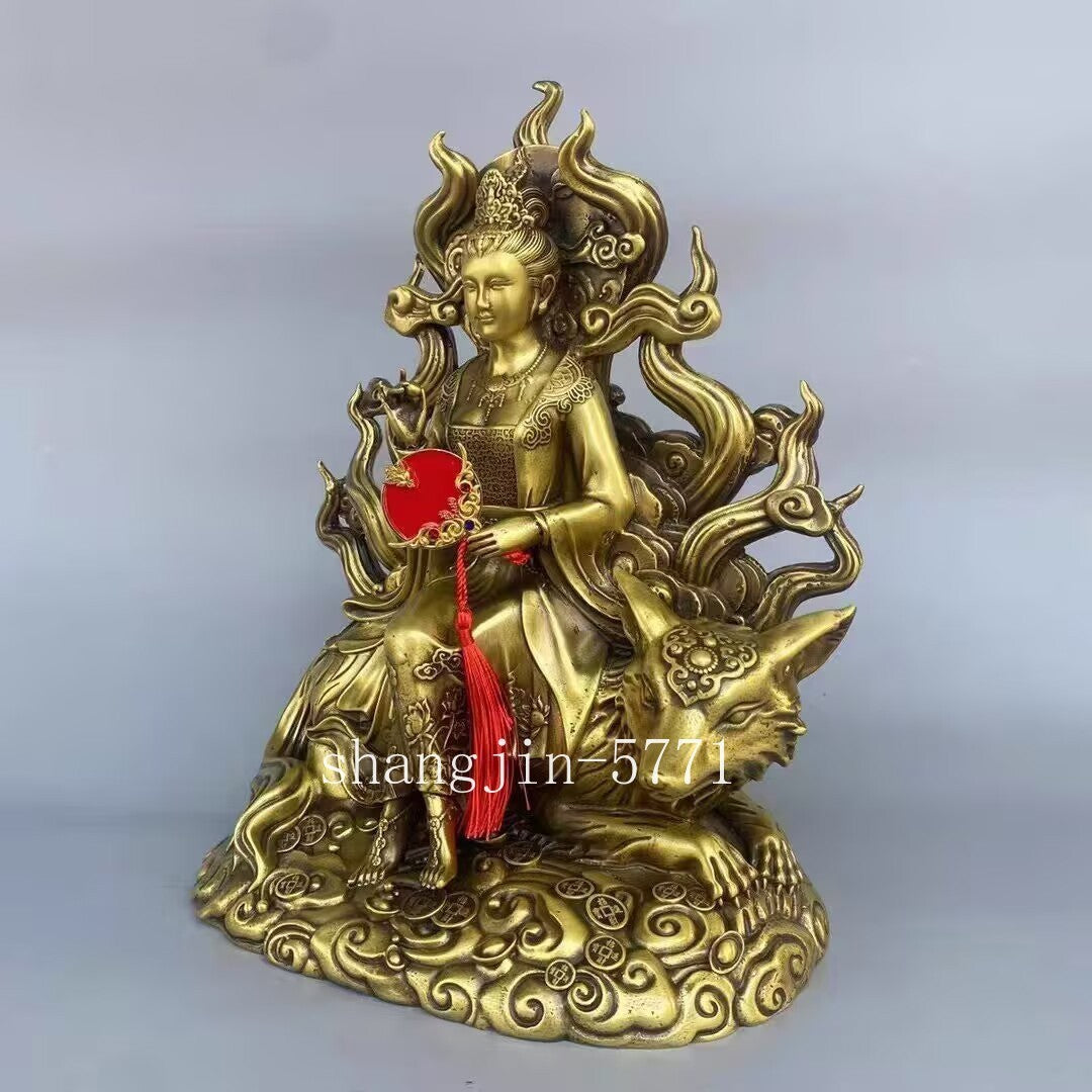 Brass Nine-tailed Fox Godness Statue Couple Love Feng Shui Bedroom Decor