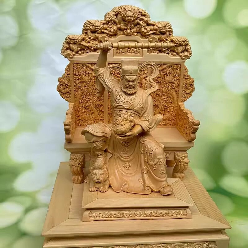 12" Cypress Wood Carved Zhao Gongming God of Wealth Statue Feng Shui Home Decor