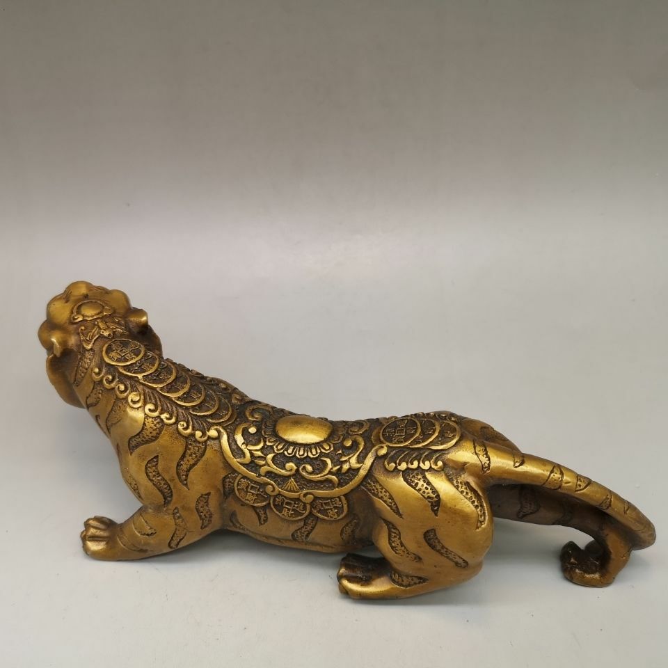 9.8" Chinese Antique Brass Tiger Ornament Statue