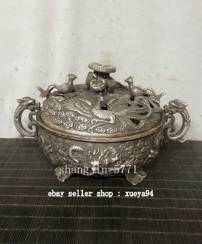 9" Old Chinese Dynasty Bronze Silver Dragon Phoenix Beast Incense Burner Censer
