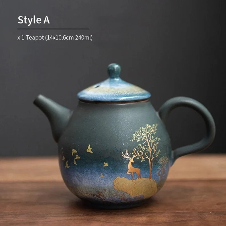 Embersceramic Ceramic Teapot Gold Deer Chinese Tea Pot Vintage Teapot 240ml Blue