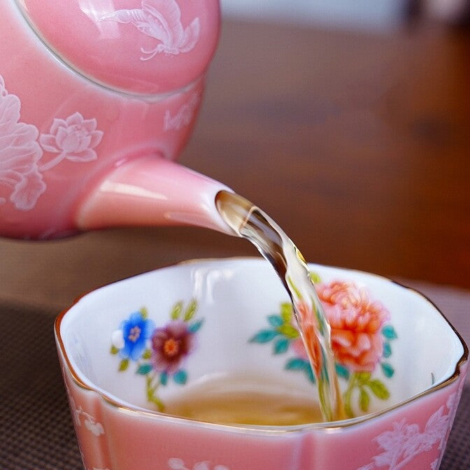 Porcelain Tea Set For Lady Pink Floral Print Tea Pot Matching Tea Cup Master Cup