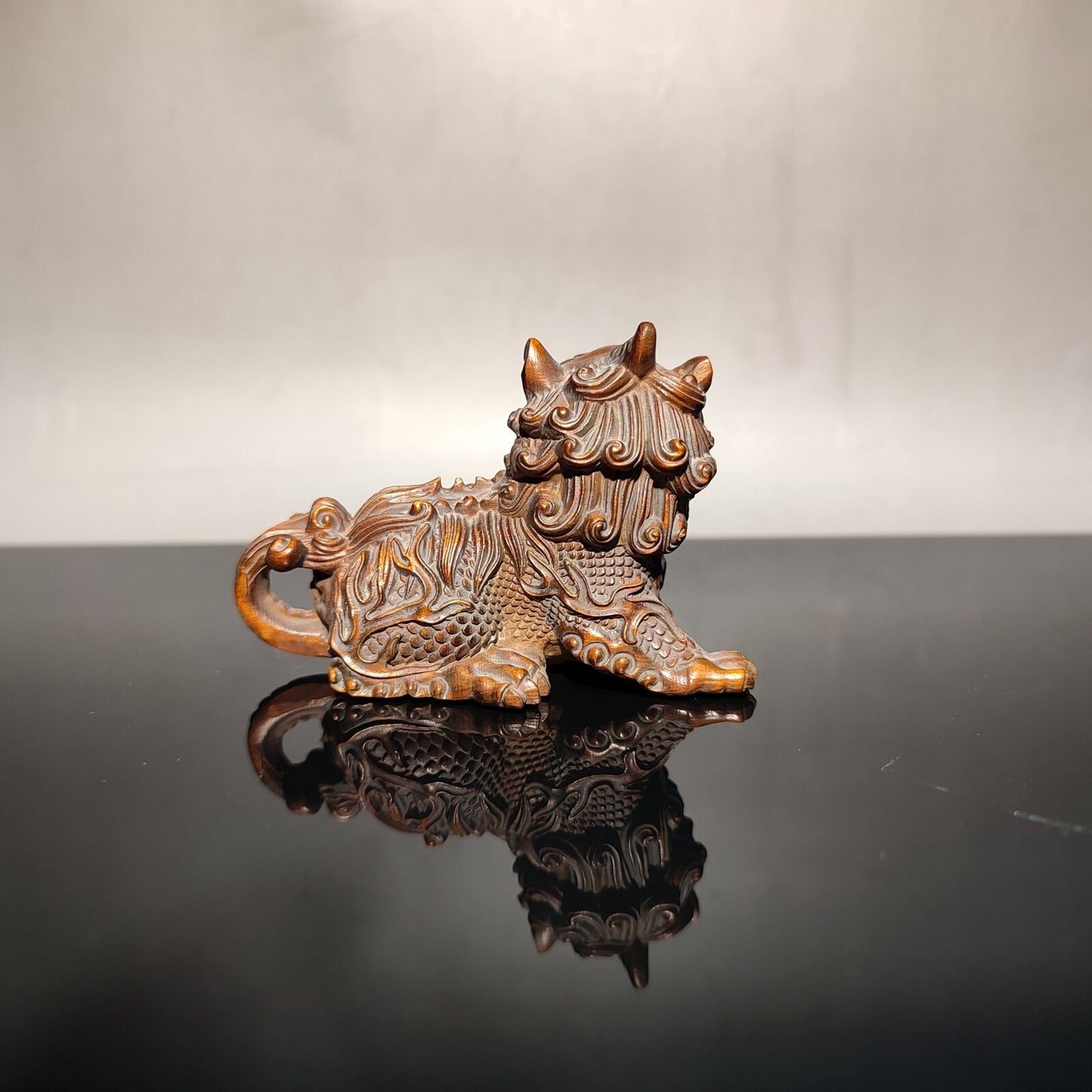 Chinese Boxwood Hand Carved Wooden Kylin Statue Unicorn Figure