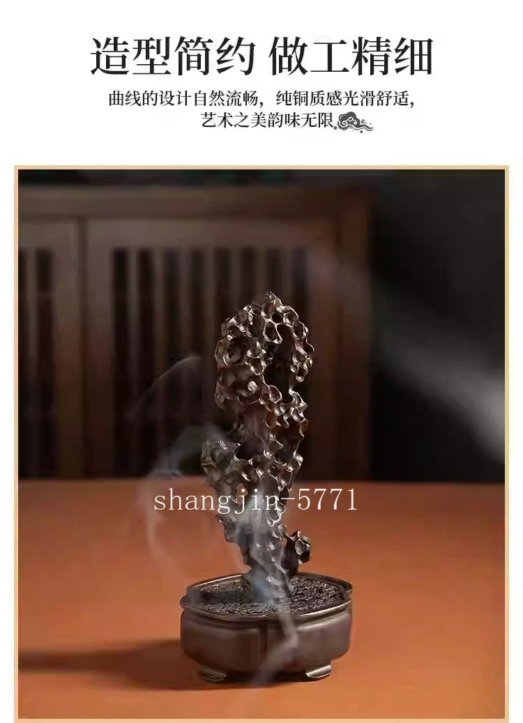 Brass Carved Taihu Lake Stone Statue Incense Burner Home Zen Decor Collection