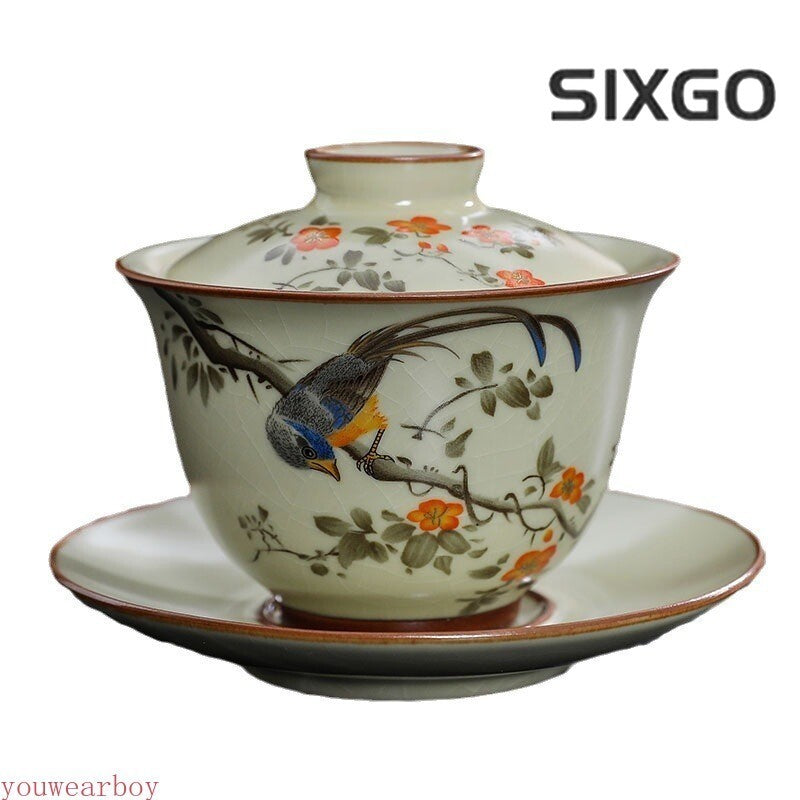 Handmade Gaiwan Chinese Teacup Hand-painted Flowers Sancai Tea Tureen Tea Bowl