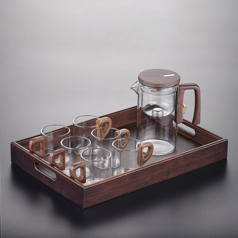 Boutique Tea Pot Matching Cup Glass Wood Handle Tea Tray Tea Water Separation