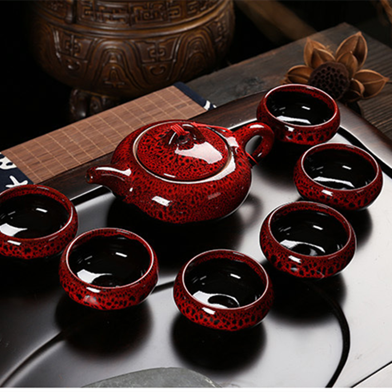 7pcs/set Tea Cups Tea Pot Creative KungFu Tea Service Ceramic Red Glaze Tea Set