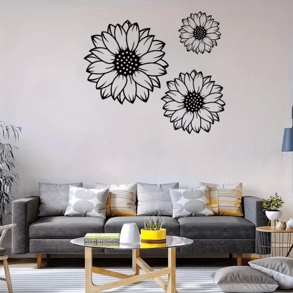 Boho Sunflower Wall Decor Set of 3-Metal Silhouette Pendant Sculptures
