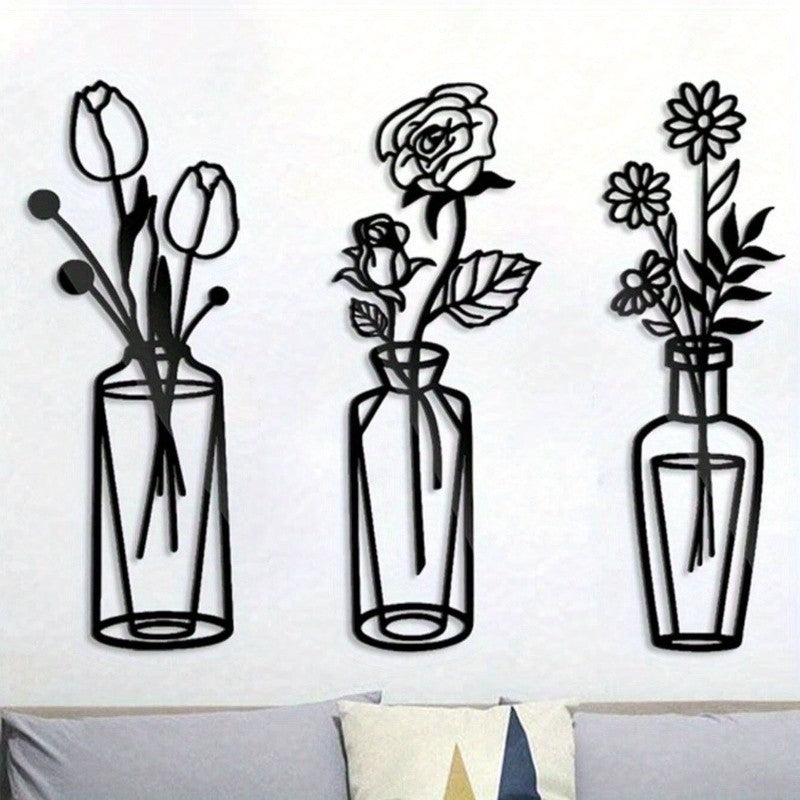 3-Piece Metal Flower Wall Decor Set Simple Iron Vase Wall Art for Home Room