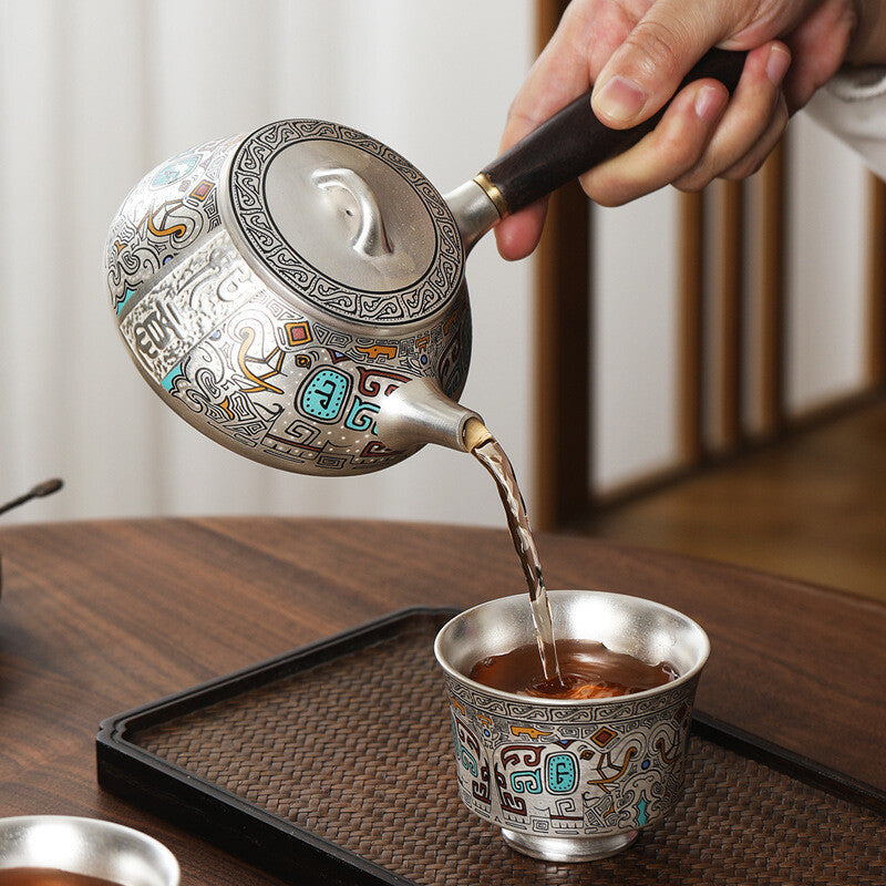 Ceramic Sterling Silver Tea Pot Handle Matching Tea Cup Chinese Kungfu Tea Set