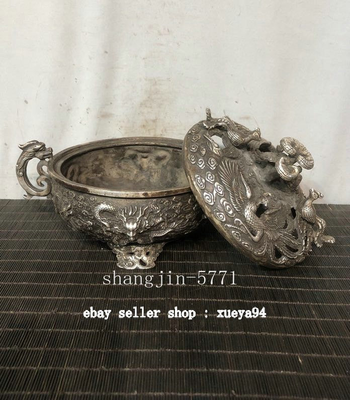 9" Old Chinese Dynasty Bronze Silver Dragon Phoenix Beast Incense Burner Censer