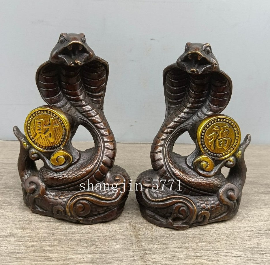 Pair 5" Brass Cobra Snake Statue Artwork Collection Wealth Feng Shui Home Decor