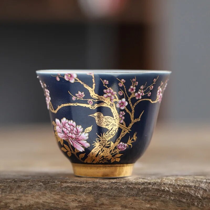 Enamel Pastrol Tea Cup Porcelain Carving Teacup Flower Bird Tea Master Cup