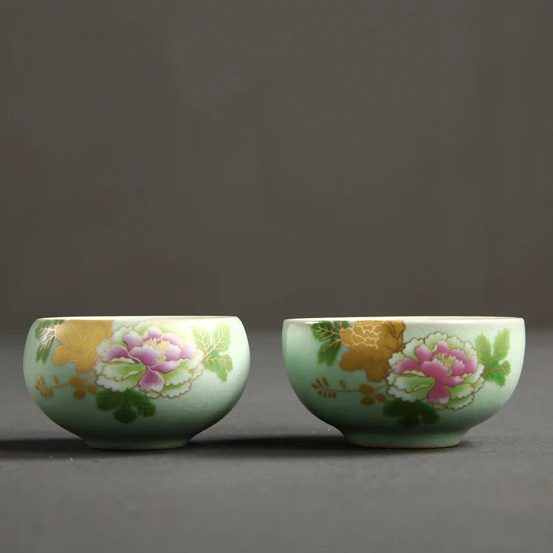 Ru Kiln Tea Cup Handmade Ceramic Cup Flowers Pattern Travel Tea Set Teacups