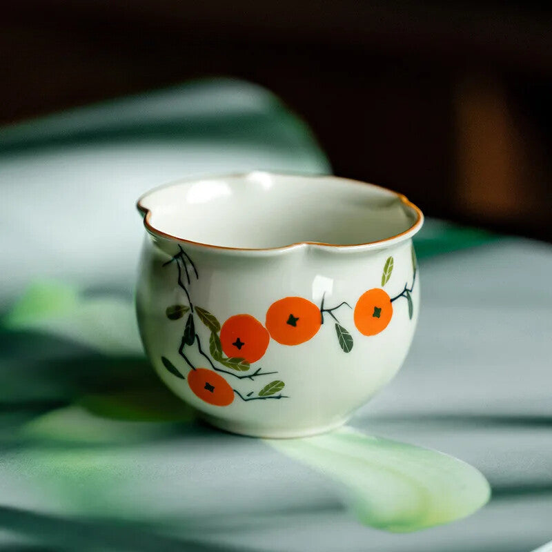 Hand Painted Persimmon Tea Cup Ceramic Teacup Flower Aesthetic Cups Tea Bowl