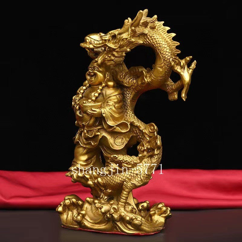 9.8" Chinese Buddhism Brass Lucky 12 Zodiac Animal Dragon Maitreya Buddha Statue