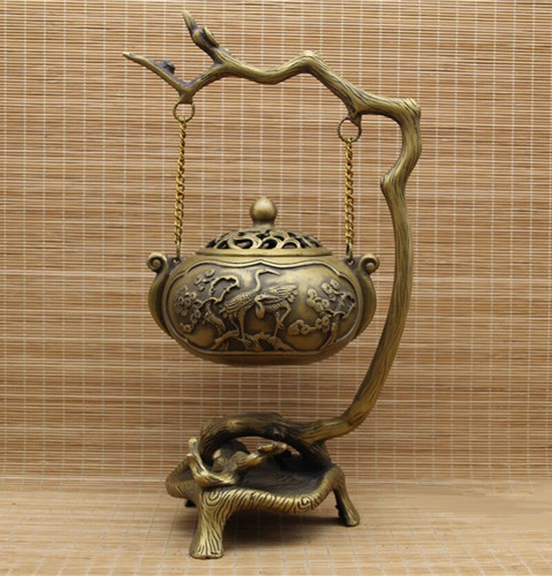 Chinese Brass Tree Branch Incense Burner Statue Hanging Holder Decor
