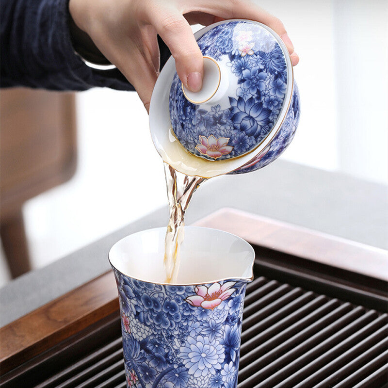 Jingdezhen Blue-and-white Porcelain Tea Set Handpainted Tea Pot Gaiwan Tea Cups