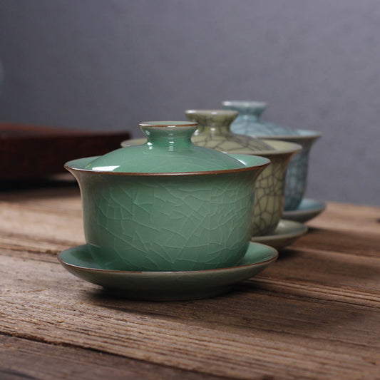 Real Longquan Celadon Gaiwan China Tea Bowl Porcelain Cup Saucer Marked Tea Bowl