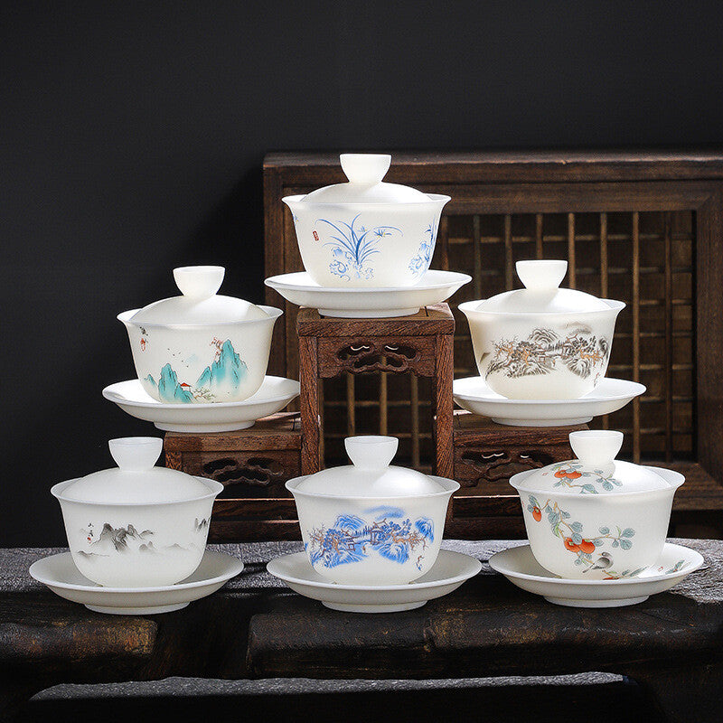 Jade Porcelain Gaiwan Hand Drawing Boutique Tureen Cup Saucer Lid Sancai Bowl