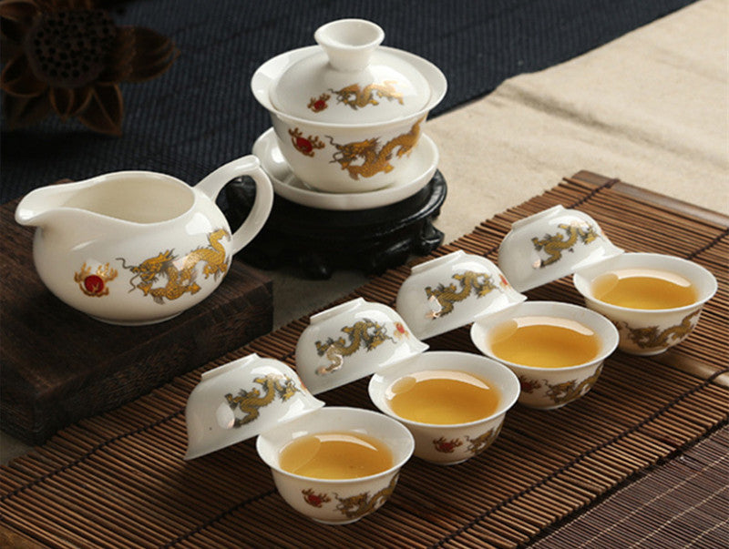 Tea Pot Dragon White Jade Porcelain Ceramic KungFu Tea Set Cup Teapot Sauser Set