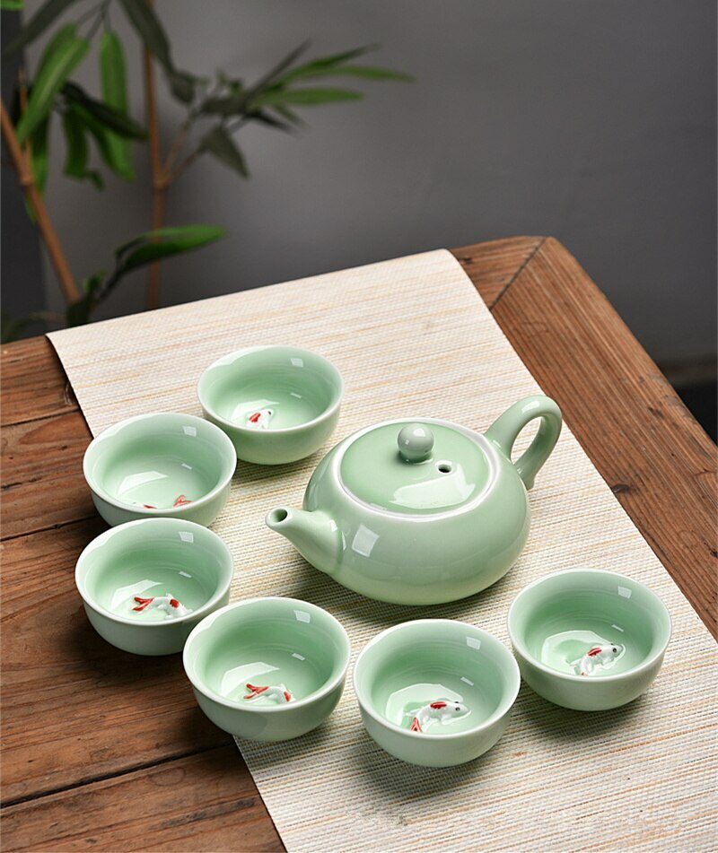 Tea Set Longquan Celadon Ceramic Tea Set Fish Cup Kung Fu Teaset Teapot Teacup