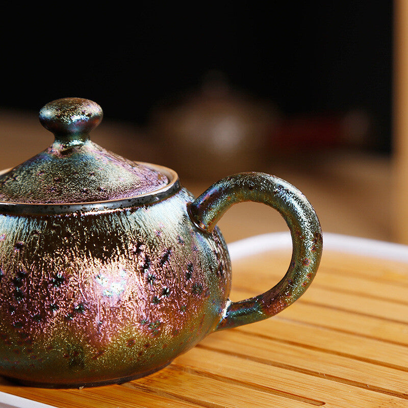 Kiln Change Colorful Peacock Glaze Tea Set Kettle Tea Pot Tea Cups Painted Gold