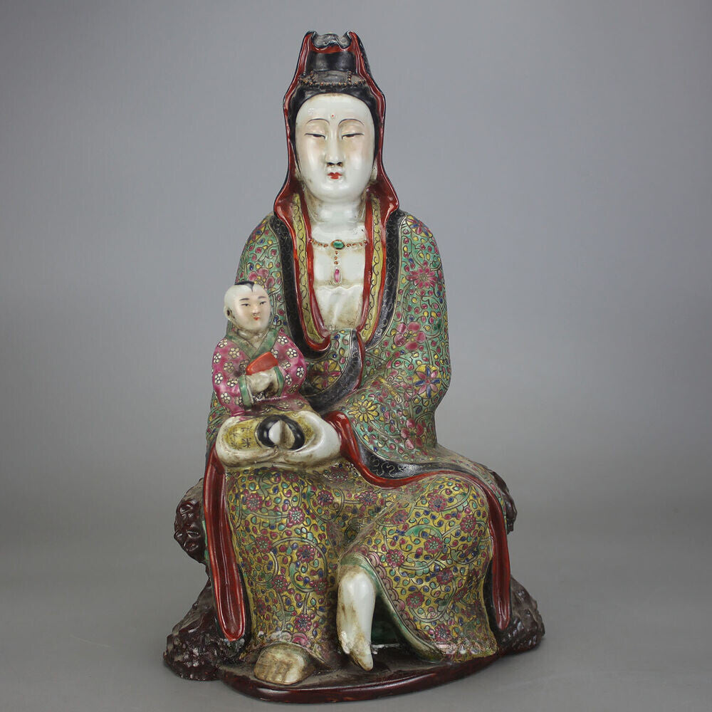 11.7" Old China Famille-rose Porcelain Buddhism Kwan-yin Guan Yin Goddess Statue