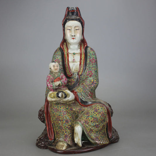 11.7" Old China Famille-rose Porcelain Buddhism Kwan-yin Guan Yin Goddess Statue