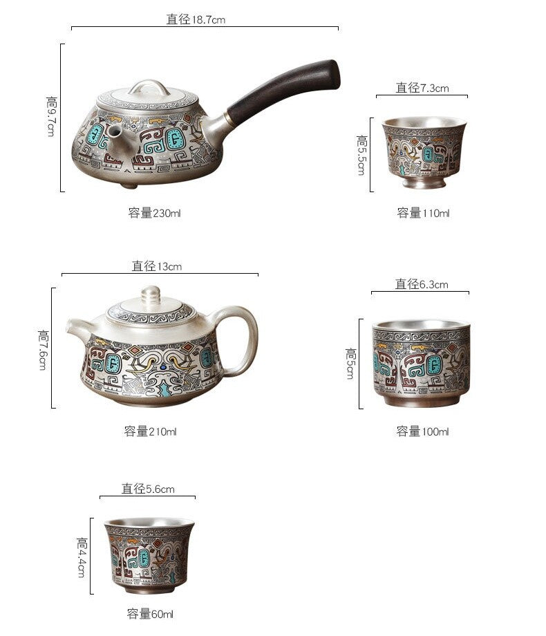 Ceramic Sterling Silver Tea Pot Handle Matching Tea Cup Chinese Kungfu Tea Set