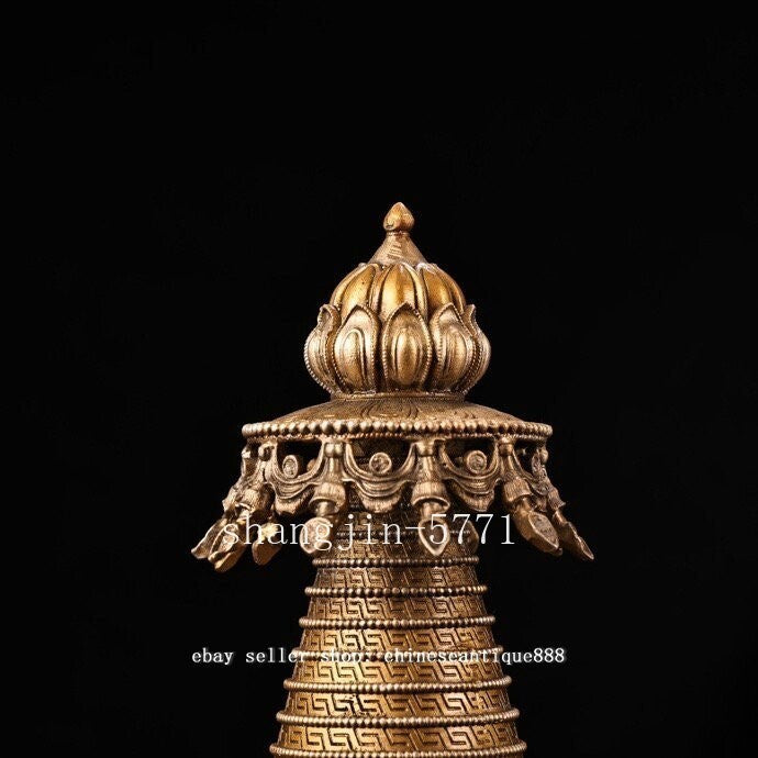 Old Tibet Buddhism Copper 8 Auspicious Symbol Buddha Stupa Pagoda Tower Statue