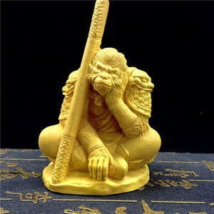 Natural Boxwood Carved Monkey King Statue Sun Wu Kong Sculpture Home Car Decor